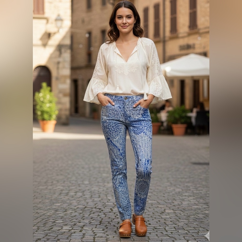 Gretchen Scott Blue White Paisley Printed Skinny Jeans Soft Size S